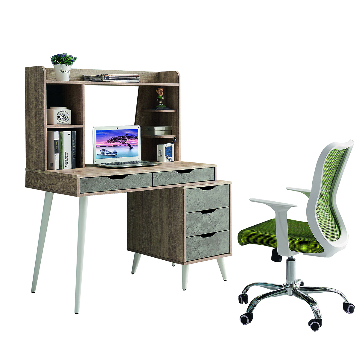 Γραφείο Υπολογιστή TRIVIALIS Φυσικό/Γκρι/Πράσινο 107/120x60x135cm