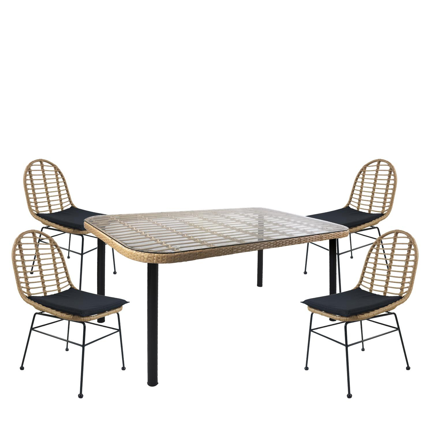 Σετ Τραπεζαρία Κήπου AMPIUS Φυσικό/Μαύρο Μέταλλο/Rattan/Γυαλί Με 4 Καρέκλες 14990283