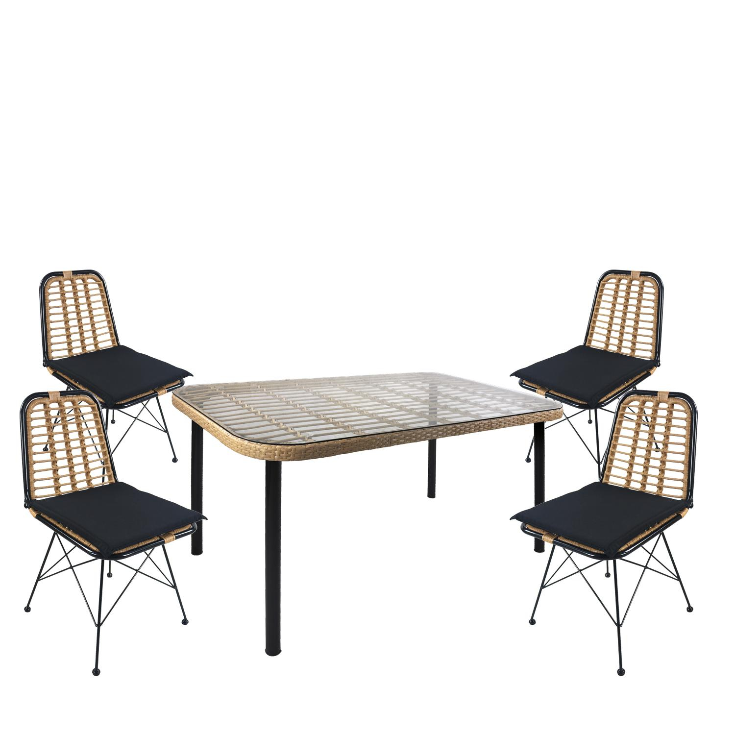 Σετ Τραπεζαρία Κήπου AMPLAS Φυσικό/Μαύρο Μέταλλο/Rattan/Γυαλί Με 4 Καρέκλες 14990300