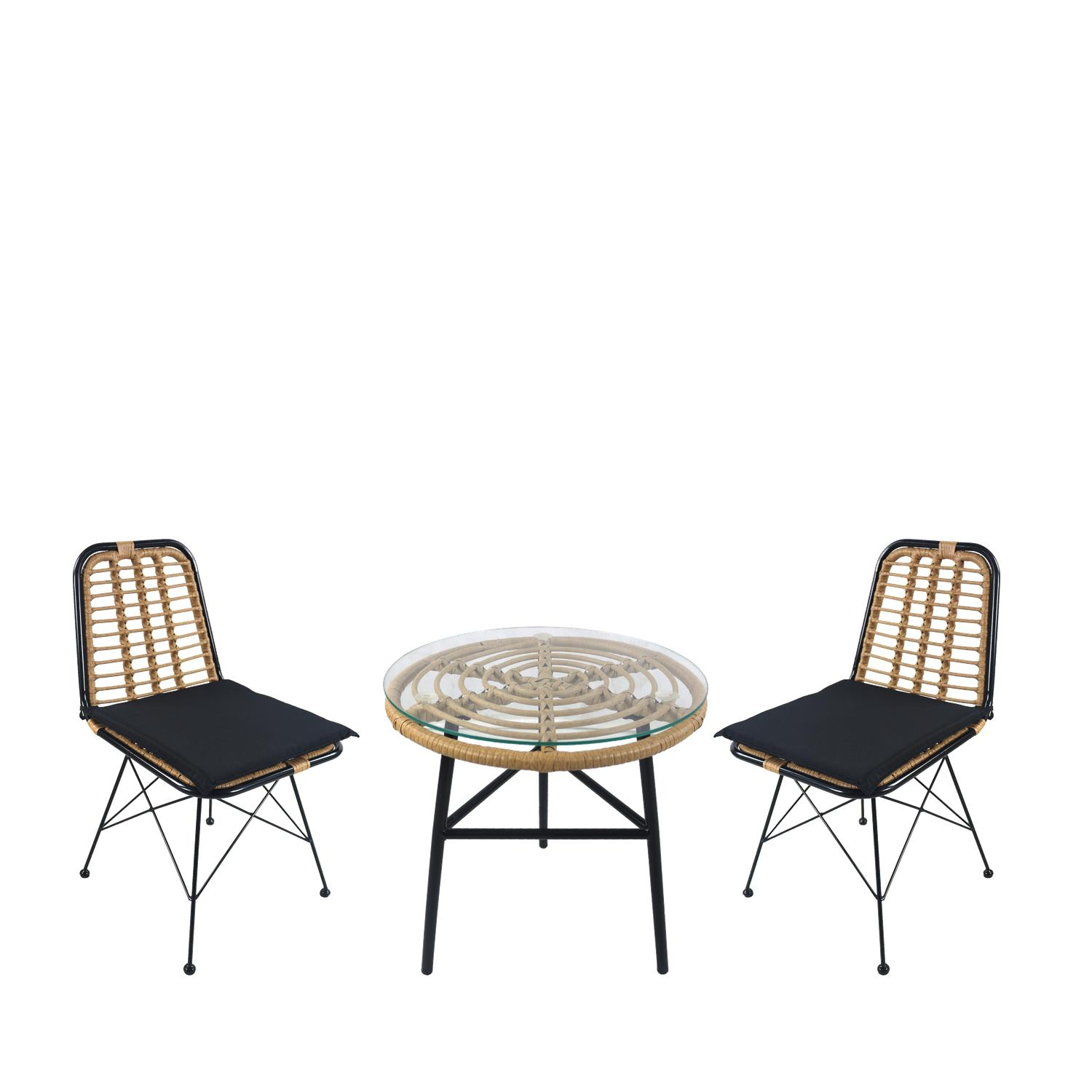 Σετ Τραπεζαρία Κήπου ARELLIUS Φυσικό/Μαύρο Μέταλλο/Rattan/Γυαλί Με 2 Καρέκλες 14990341