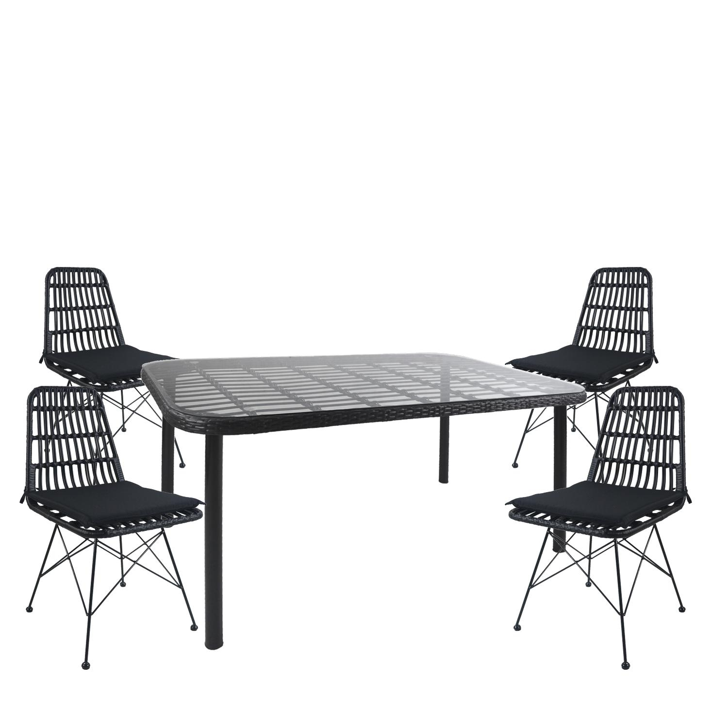Σετ Τραπεζαρία Κήπου AMPIUS Μαύρο Μέταλλο/Rattan/Γυαλί Με 4 Καρέκλες 14990361