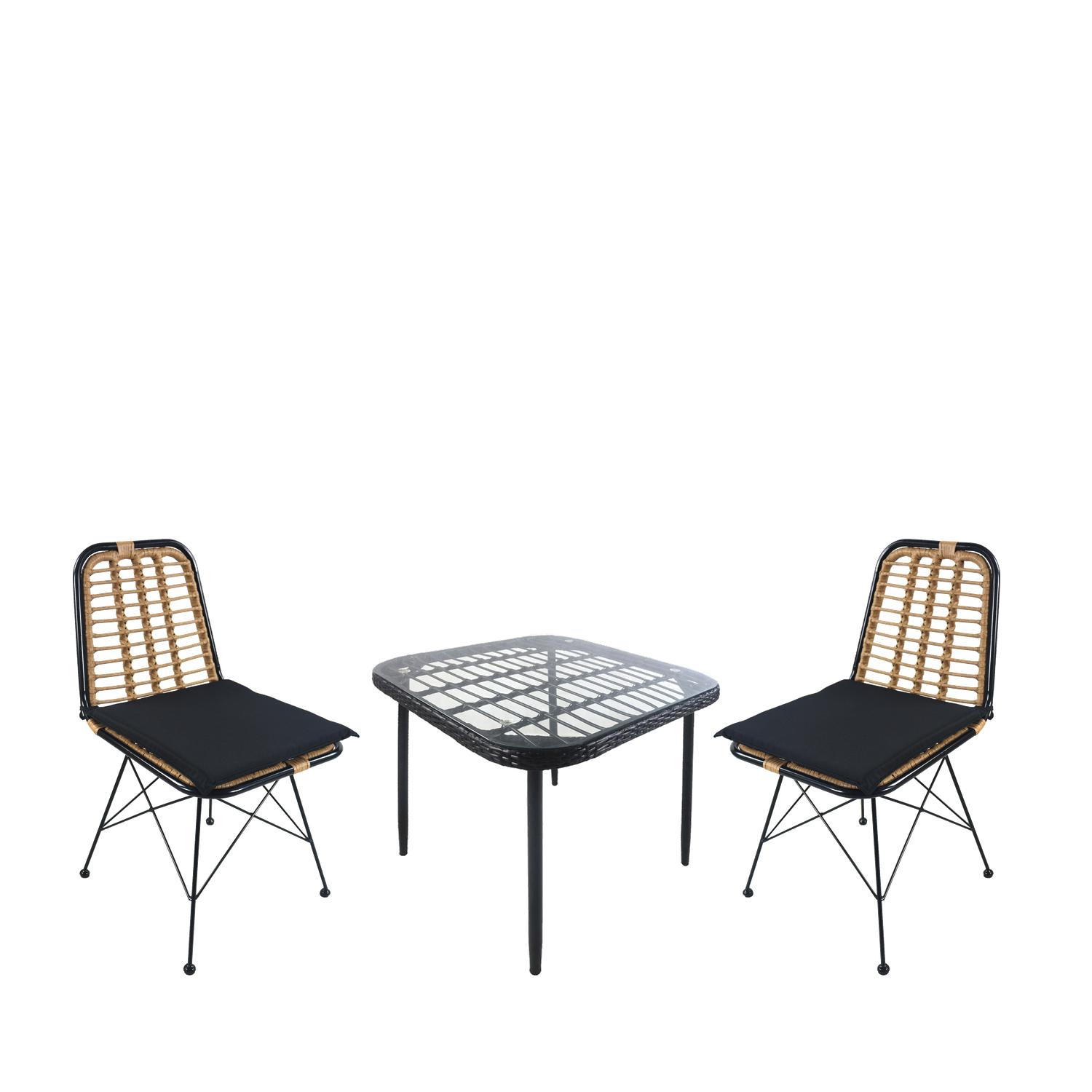 Σετ Τραπεζαρία Κήπου ANTIUS Μαύρο Μέταλλο/Rattan/Γυαλί Με 2 Καρέκλες 14990375