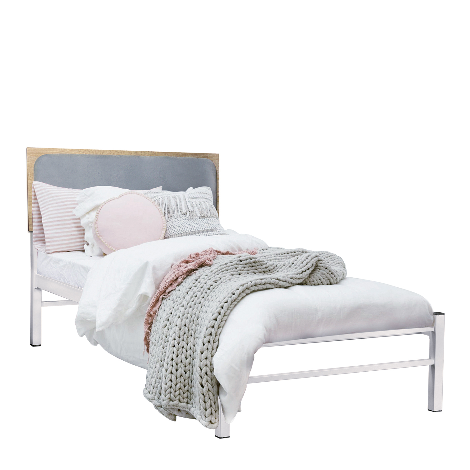 Κρεβάτι Μονό KRELL Sonoma/Λευκό Μέταλλο/Μοριοσανίδα/’Υφασμα 100x197x103cm (Στρώμα 90x190cm)